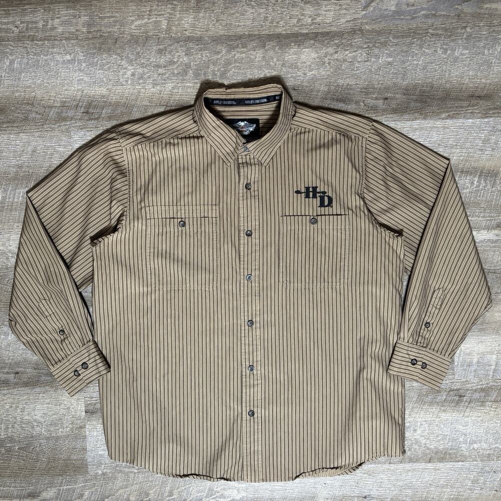 Harley Davidson Button Up Shirt Men's XL Tan Embroidered Striped *READ*